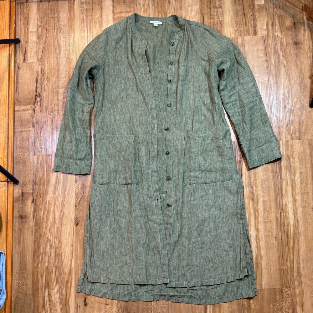 Eileen Fisher Green Organic Linen Delave Long Shirt Dress Laganlook Oversize XXS - Picture 2 of 8